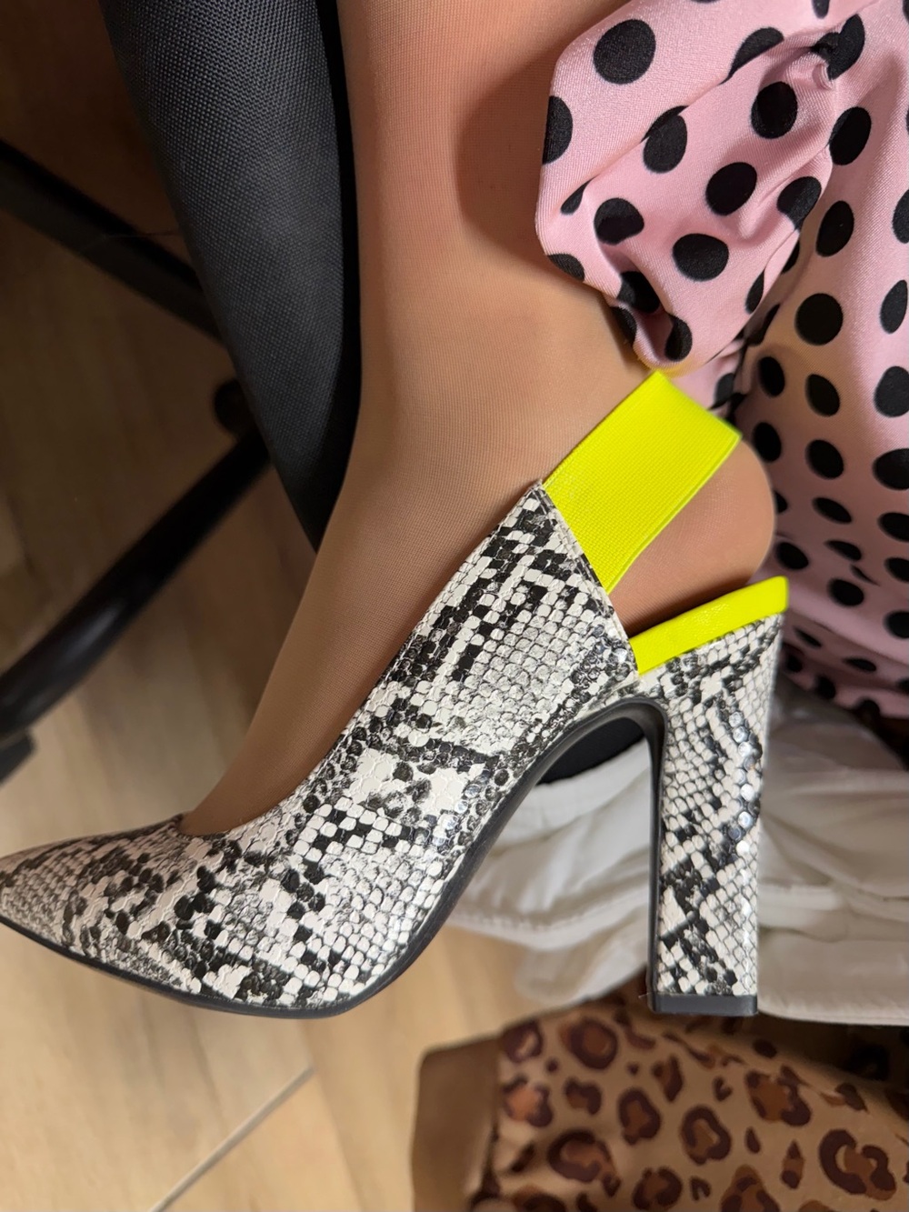 Mix No. 6 Black-and-White Snake Print Block Heels with Neon Yellow Strap